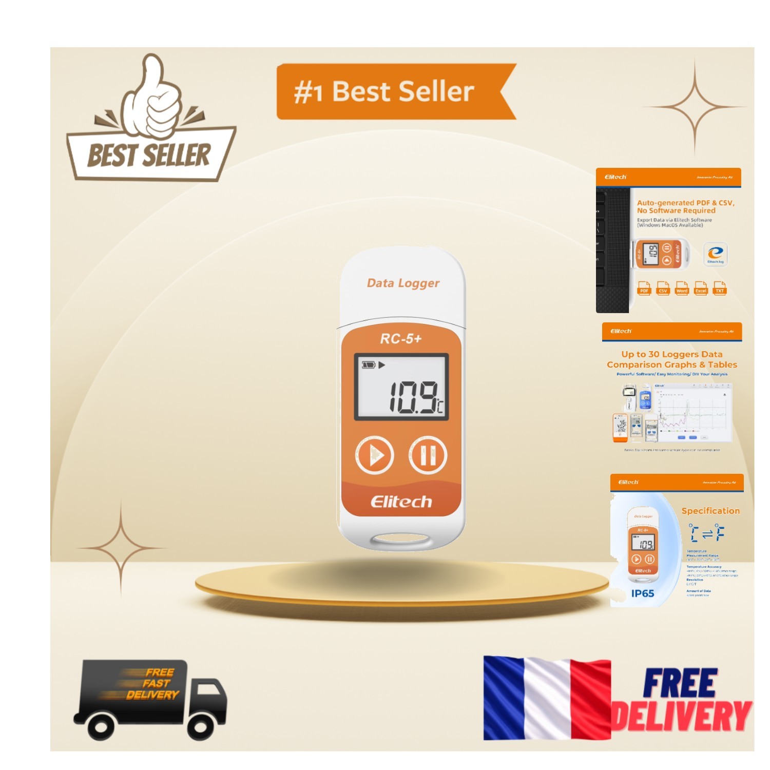 Enregistreur de température Elitech RC-5+ durable et étanche pour laboratoire