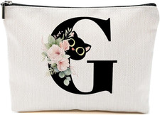 Floral Cat Initial Makeup Bag, Personalized S...