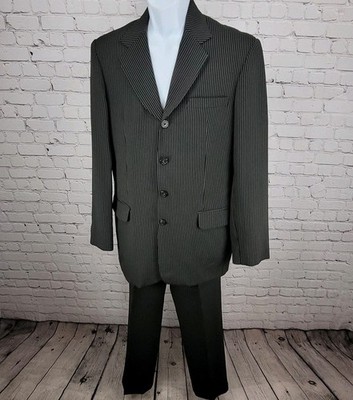 Sim's Cut Tailor Black Pinstriped Full Suit Set 4 Button Jacket 41L Pants 31x31