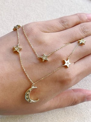 QVC Diamonique Mond Stern Halskette   Gold Sterling Silber   Simulierter Diamant