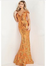 Orange Iridescent Sequins Prom Dress Off-Shoulder Size 6 Formal Gown HOCO Gala