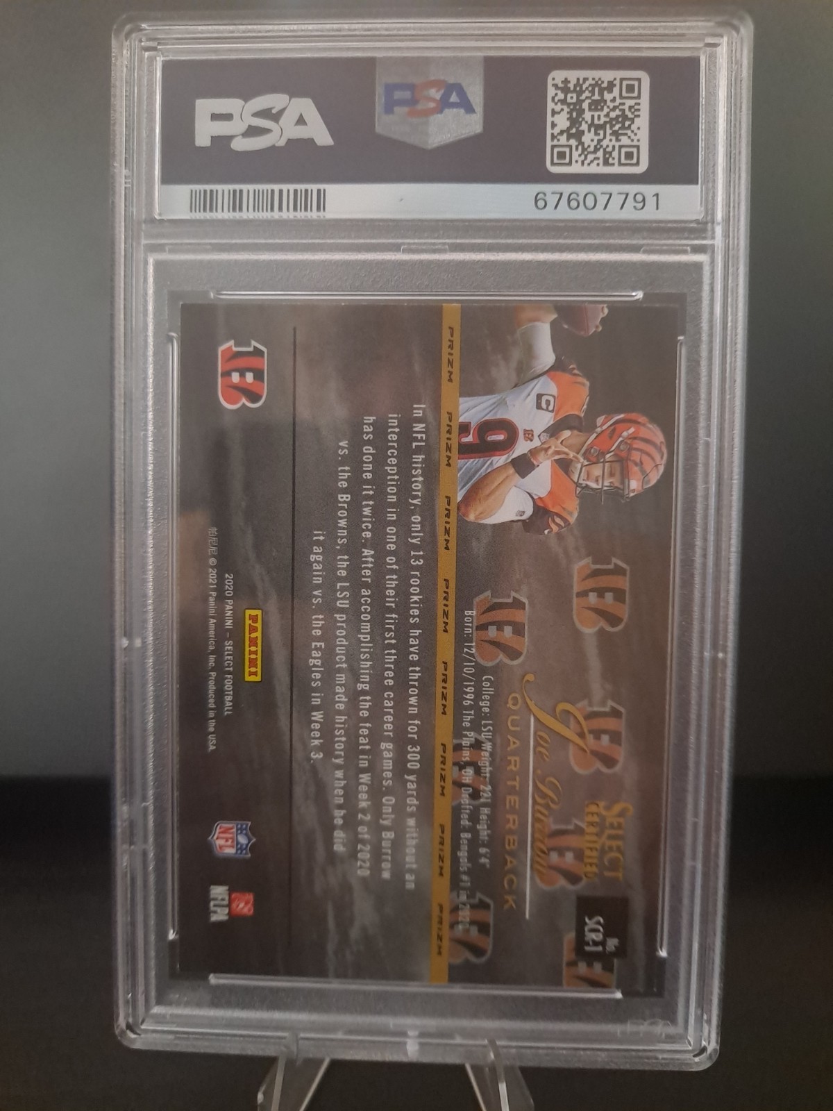 2020 Panini Select Select Certified Rookies Joe Burrow #SCR-1 Prizm (RC) PSA 10 view 2