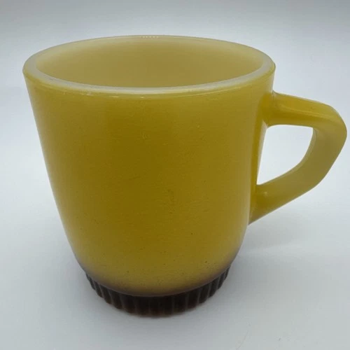 Vtg Anchor Hocking Fire King Ware Yellow & Brown Milk Glass Mug Cup Ribbed Base