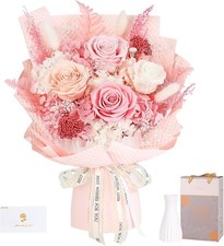 4 Pink Preserved Roses Bouquet, Vase, Gift Box  Card, Lasts 3 Years