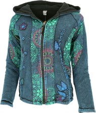 Goa Patchwork Jacke, bestickte Boho Kapuzenjacke mit Fleecefutter, Ethno Jacke 