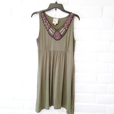 Pink Rose Women's Large Petite Green Boho Beaded Sleeveless