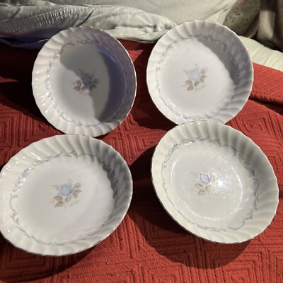 Style House Carillon Berry Dessert Bowl 5 1/2'' Set of 4 Blue Rose Platinum Trim