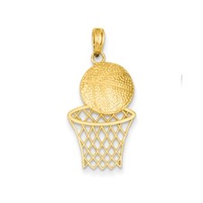 14K Yellow Gold Polished Diamond Cut Basketball and Net Charm w/ Textured Back