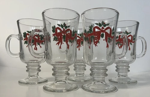 5 Holiday Holly & Berries, Ribbon, Pine, Gold Rim Libbey Glass Irish Coffee Mug