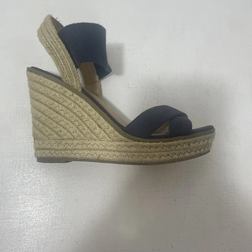 Sandálias anabela Merona Espadrille sapatos femininos 7,5 alças azul marinho tecido de palha bronzeado - Imagem 4 de 4