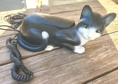 Vintage Telemania Black Cat Phone Antique Art Home Decor Corded Tested Working