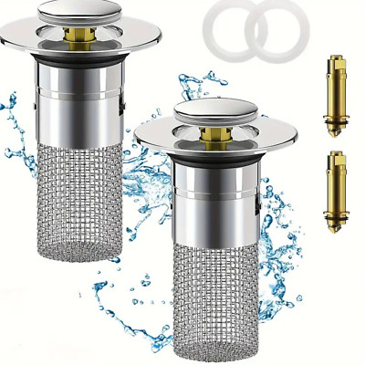 HairShield Pop-Up Sink Stopper with Durable Stainless Steel Drain Filter   2-Pie