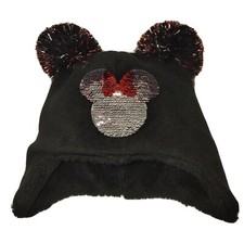Disney Minnie Mouse Black Fleece Hat Girls Lined Logo Ear Flaps Pom Pom Ears