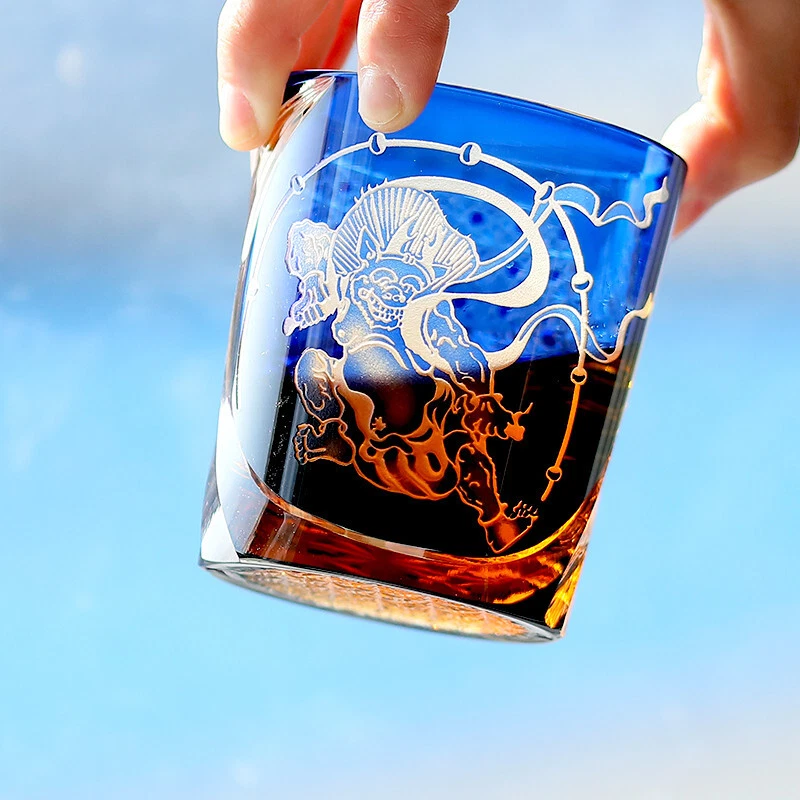 Vaso de vidrio de whisky estilo japonés vidrio Edo Kiriko cortado a mano para limpiar 9 oz azul Foto 2 de 4
