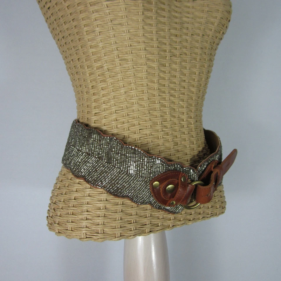 Sin Marca Mujer XS - Pequeño Cinturón Boho Cuero Marrón Plateado Cuentas 27" - 28" Foto 2 de 4