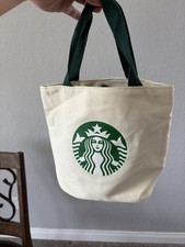 Starbucks Canvas Reusable Tote Bag Beige Green Logo Snap Closure Pocket 15x6x16