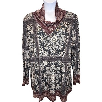 Azalea by Firmiana Womens Black Brown Damask Print Tunic Top Sz 3XL Boho Mandala