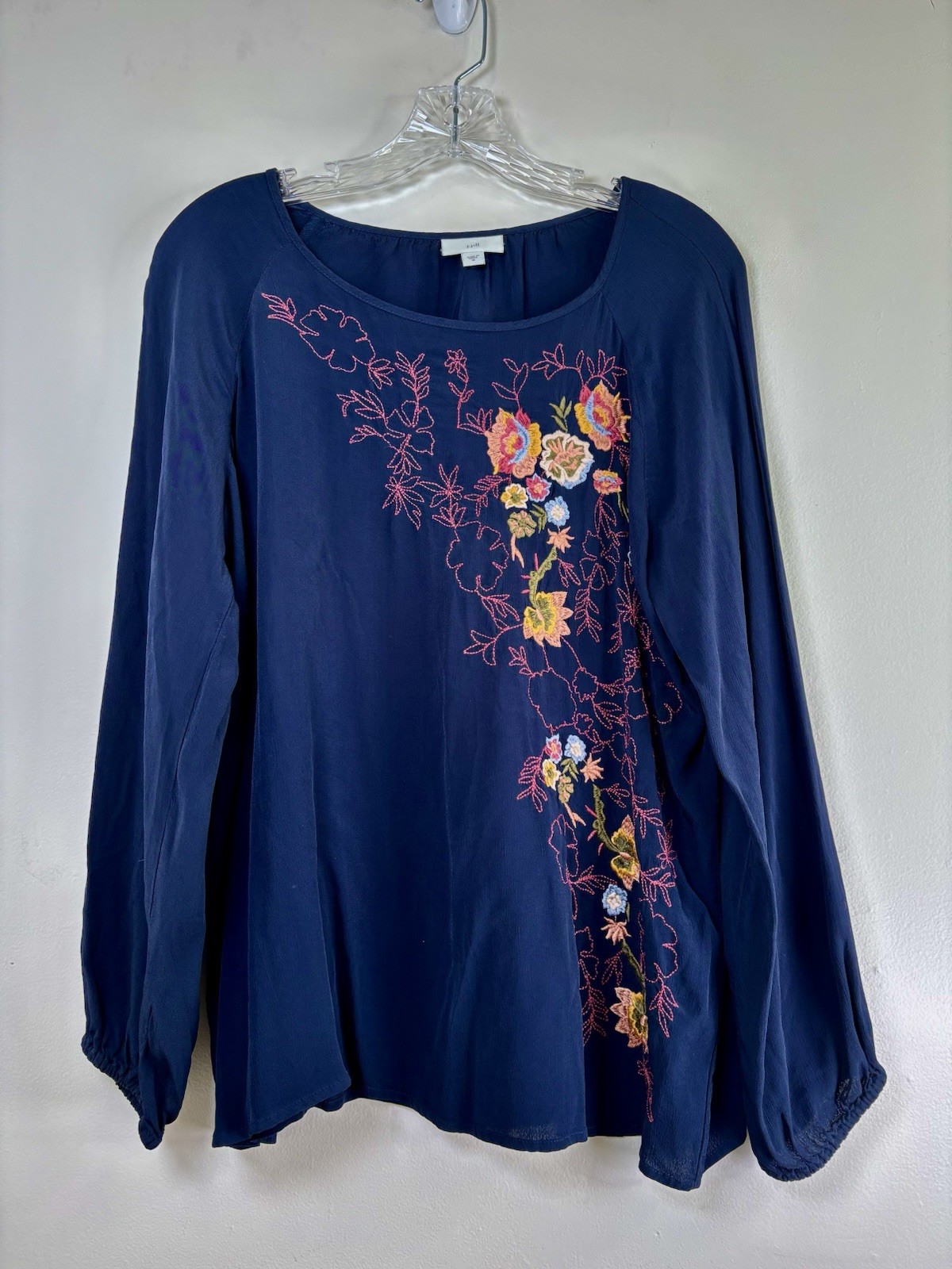 J Jill Blouse Top Women’s M Navy Blue Embroidered Long Sleeves Elastic Wrist