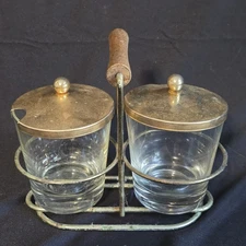 Vintage Mid Century Glass Condiment Caddy w/ Brass Lids & Wire Holder – 1950s
