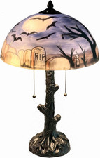L10973 Bats Flying over Graveyard at Full Moon Night Hand-Painted Glass Table La