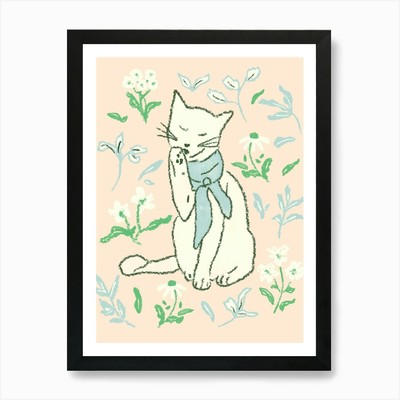 Katze leckt Pfote in Wildblumen Kunst Gerahmtes Wandbild Poster Leinwanddruck Bild