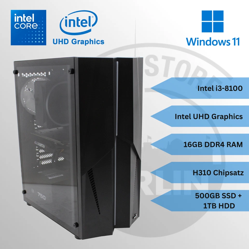 Office-PC – i3-8100 | Intel UHD | 16GB RAM | 500GB SSD | 1TB HDD | Win11 Pro
