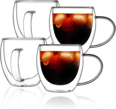 12oz(4-pack) Double Walled Glass Coffee Mugs,Insulated Glass Mugs with
