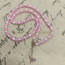 White Pearl Bead 5-6mm and Pink Jade Bead 6mm Necklace 20inch Birthday Gift Girl