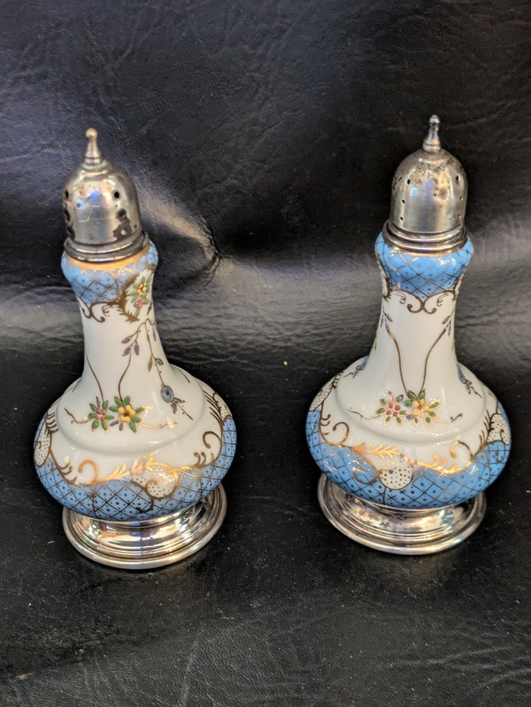 Antique Ornate Porcelain China Salt And Pepper Shakers Sterling Silver Lid Base