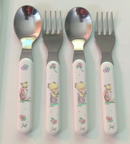 2 Sets Vintage Precious Moments Girl With Goose Baby Kids Spoon & Fork Cutlery