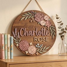 Personalized Baby Girl Nursery Door Sign, Custom Name Wooden Round Sign