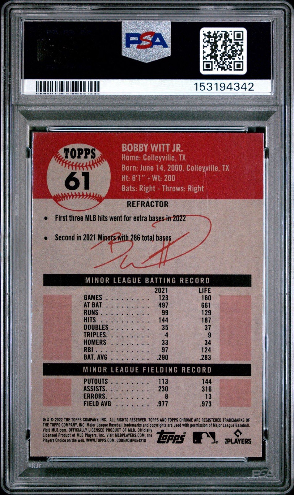 2022 Topps Chrome Platinum Anniversary Bobby Witt Jr. #61 Refractor (RC) PSA 9 view 2