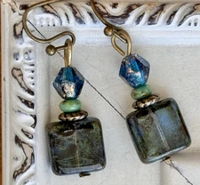 Bronze, Blue and Green Picasso Czech  Beads. Boho Chic.