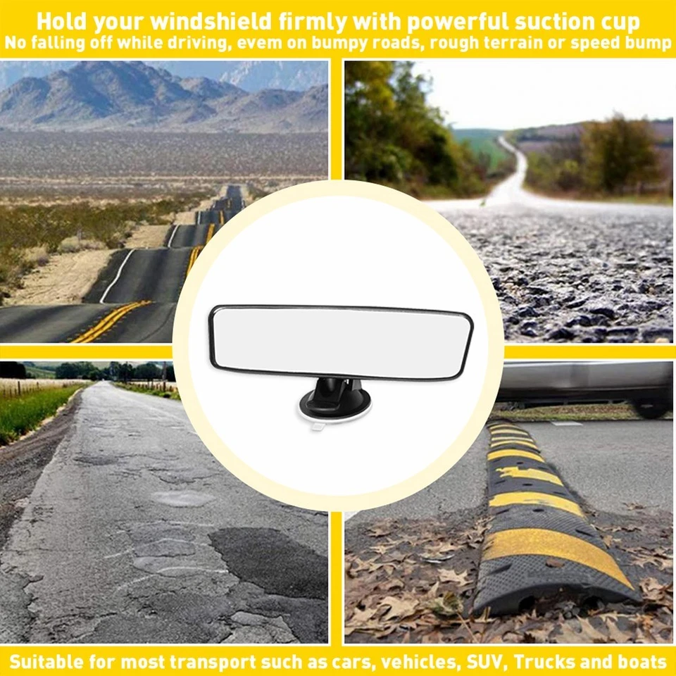 Car Interior Rear View Mirror Wide Flat Suction Cup Universal Angle Adjustable Foto 3 de 4