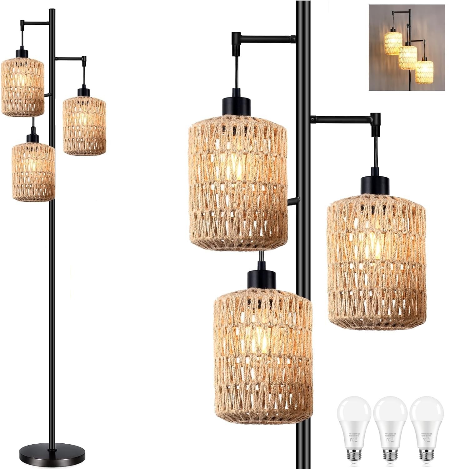 Boho Rattan Tree Floor Lamp with 3 Lights for Living Room or Bedroom-image