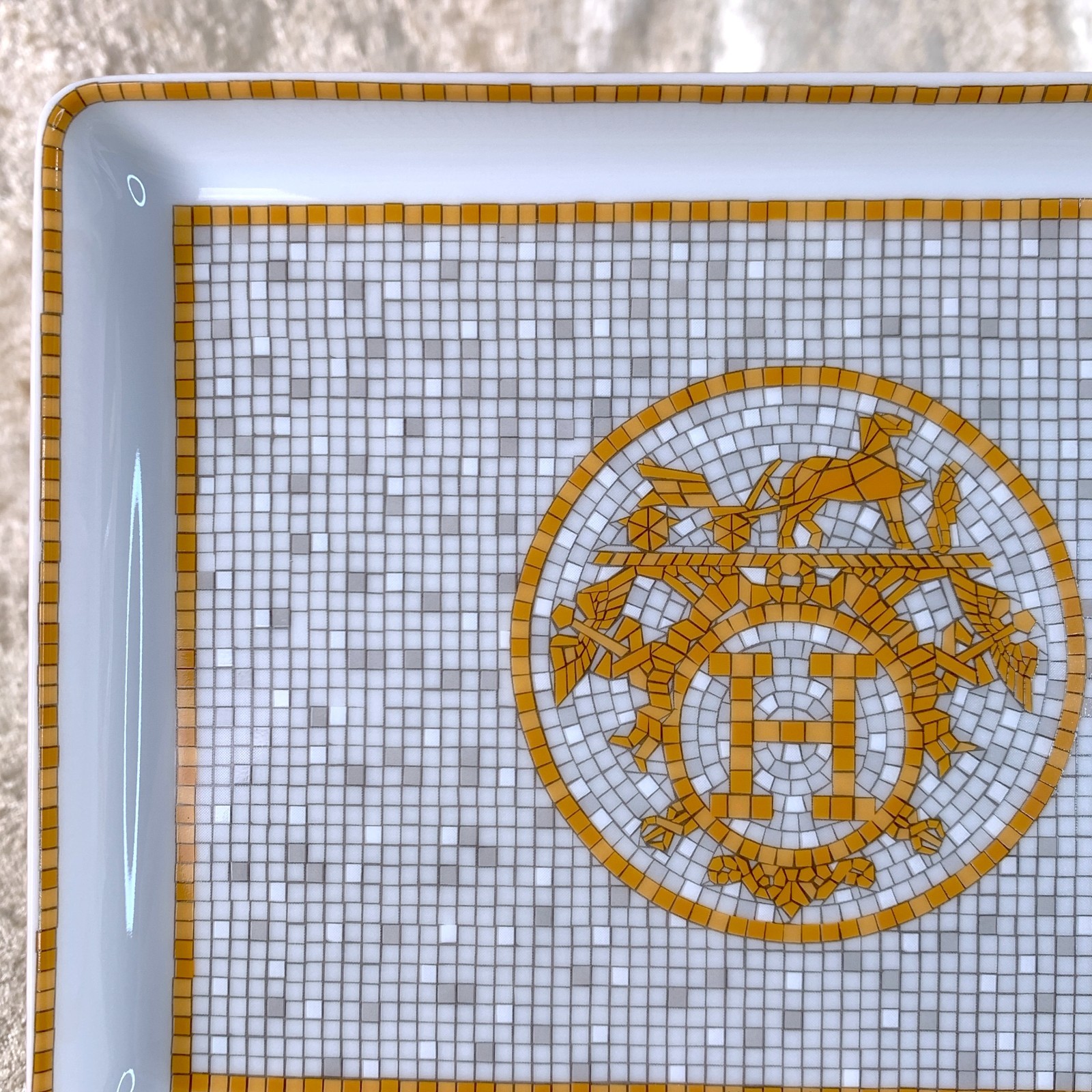 Hermes Paris Rectangle Tray Sushi Plate Mosaique au 24 Gold Porcelain with Case thumbnail 5