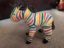Vintage Cranston Rainbow Zebra Colorful Striped 13"x14" Plush Stuffed Animal