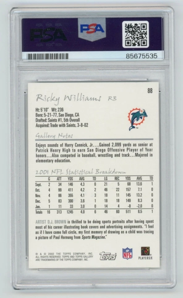 RICKY WILLIAMS Dolphins Signed Topps Gallery Football Card #88 PSA Slabbed Auto - Image 2 of 2