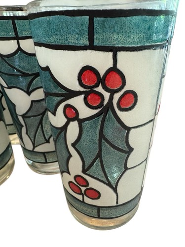 West Virginia Snowy Holly Berry Stained Glass Tumblers Set of 5 Holiday 12 oz - Picture 2 of 8