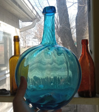 BEAUTIFUL SAPPHIRE BLUE PONTILED FREE BLOWN 13 1/2" DEMIJOHN BOTTLE WITH SWIRLS