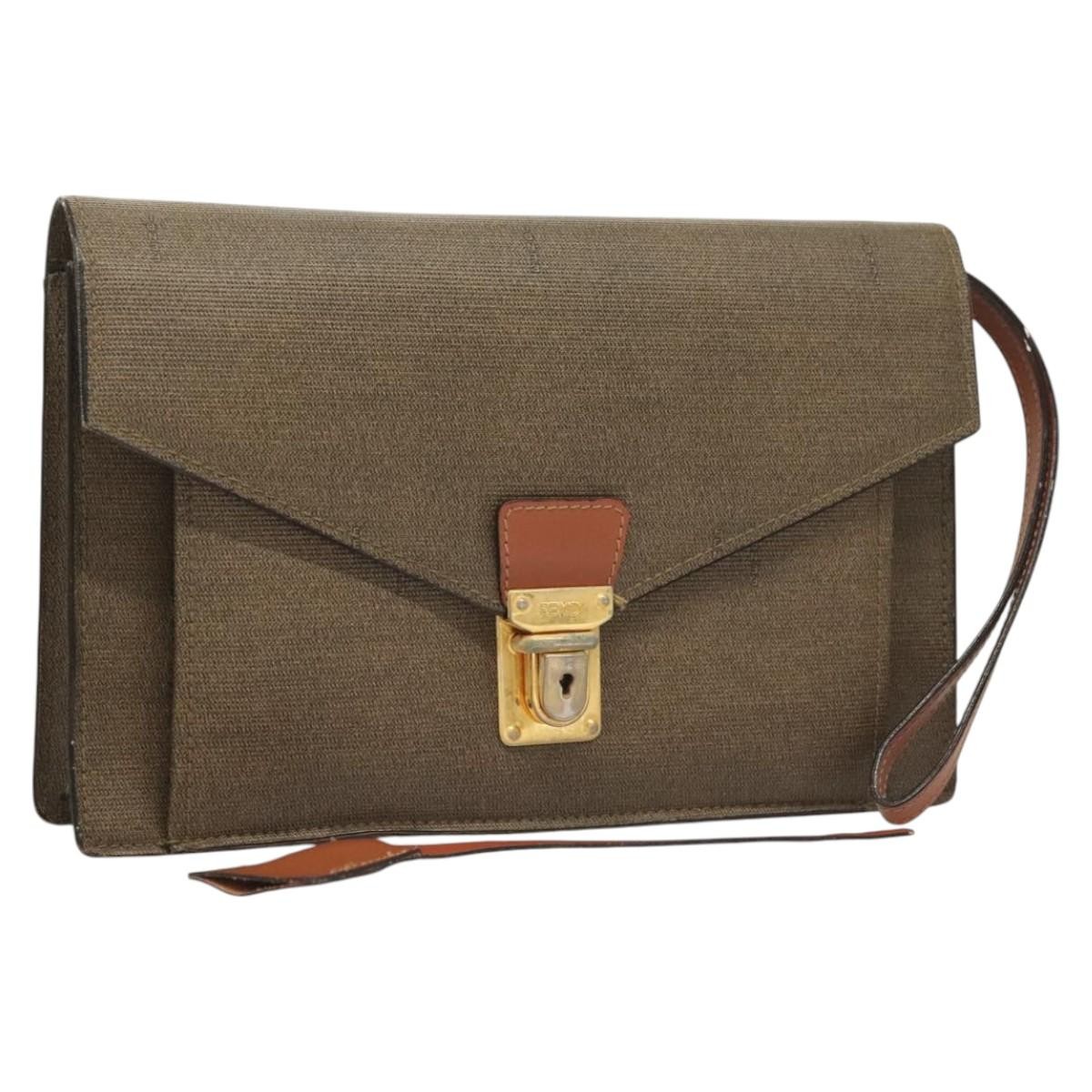 FENDI Brown Gold PVC Clutch Bag Auth ti3124