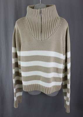 Kule Women's NWT Beige Ivory Striped 100% Cotton Zip Collar Sweater Size Large