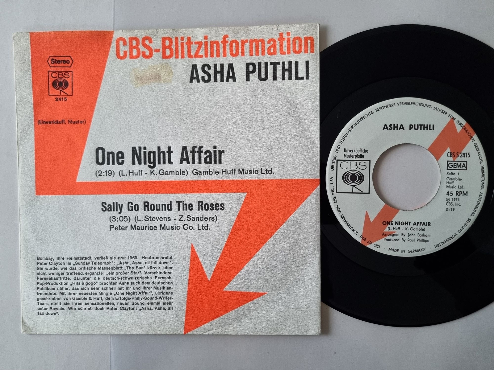 Asha Puthli - One Night Affair 7'' Vinyl Germany PROMO