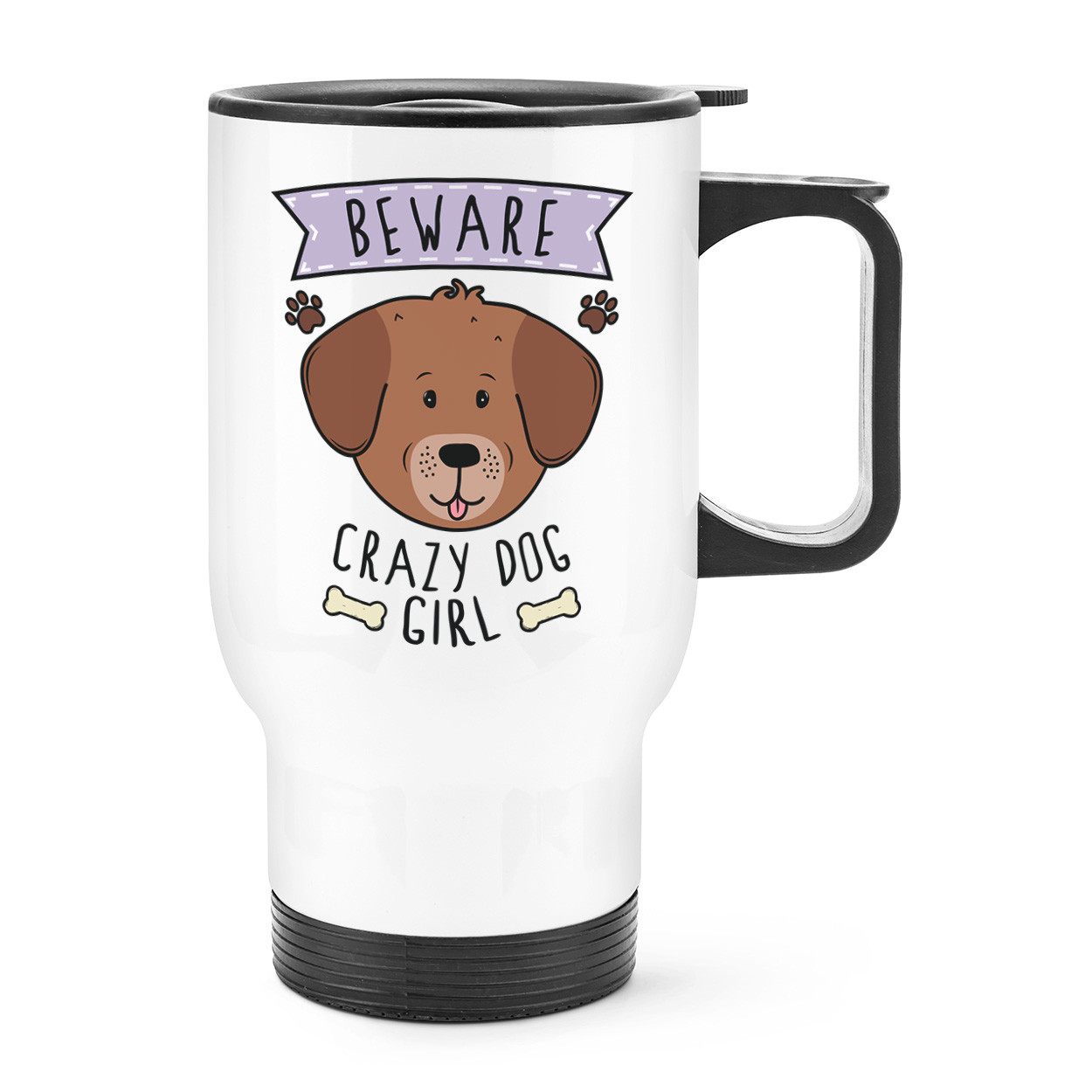 Beware Crazy Dog Girl Travel Mug Cup With Handle - Funny Thermal Flask Puppy