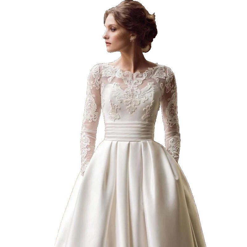 Lace Boat Neck Long Sleeve Wedding Dresses