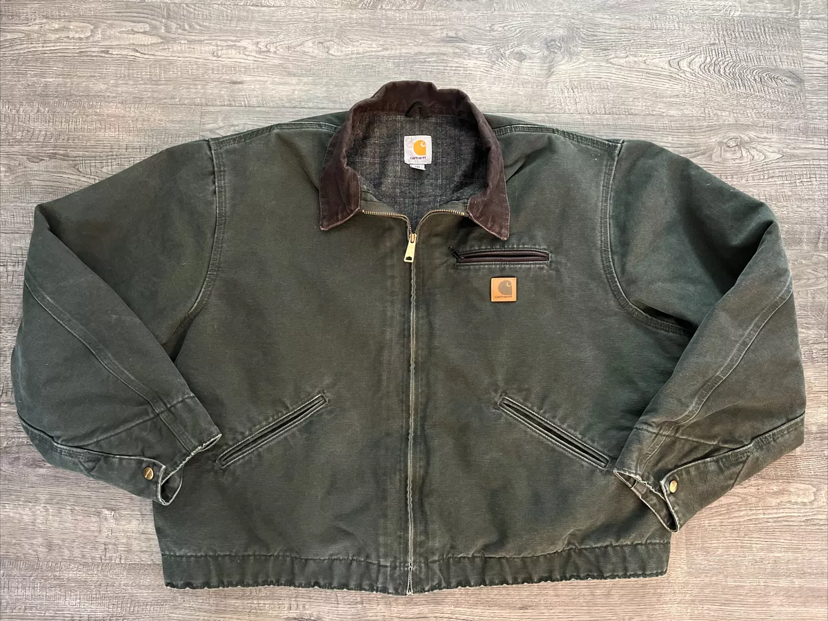 90s Carhartt Detroit Jacket J97 Moss Green Blanket Plaid Lined VTG USA XXL