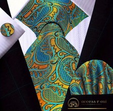 Men's Teal Gold Paisley Tie, Matching Cufflinks, Hanky Set