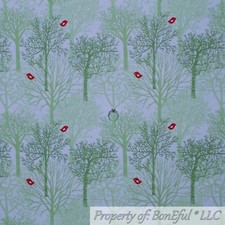 BonEful Fabric FQ Cotton Quilt White Green Tree Leaf Red Bird Winter Xmas Forest