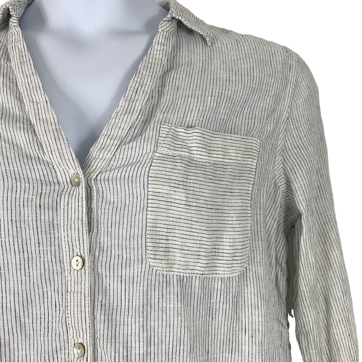Tahari Sz Medium Top Button Up Linen Striped White Black Hi Low