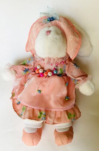 MTY International Plush Bunny Rabbit Girl Satin Shoes Pink Floral Dress Hat 16” - Afbeelding 1 van 4